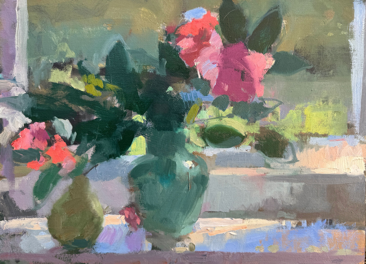 An oil painting of pink camelias in an aqua coloured vase and a pear, painted in an Impressionist style by Sarah Manolescue ROI