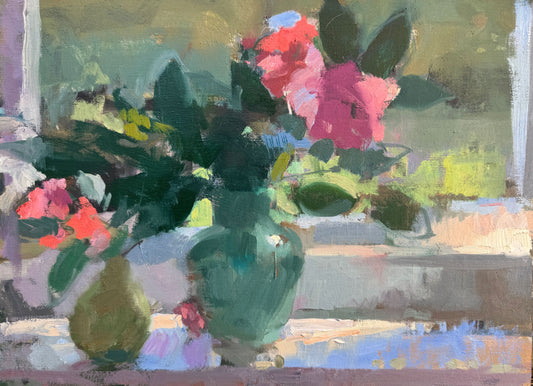 Camelia and pear, afternoon light