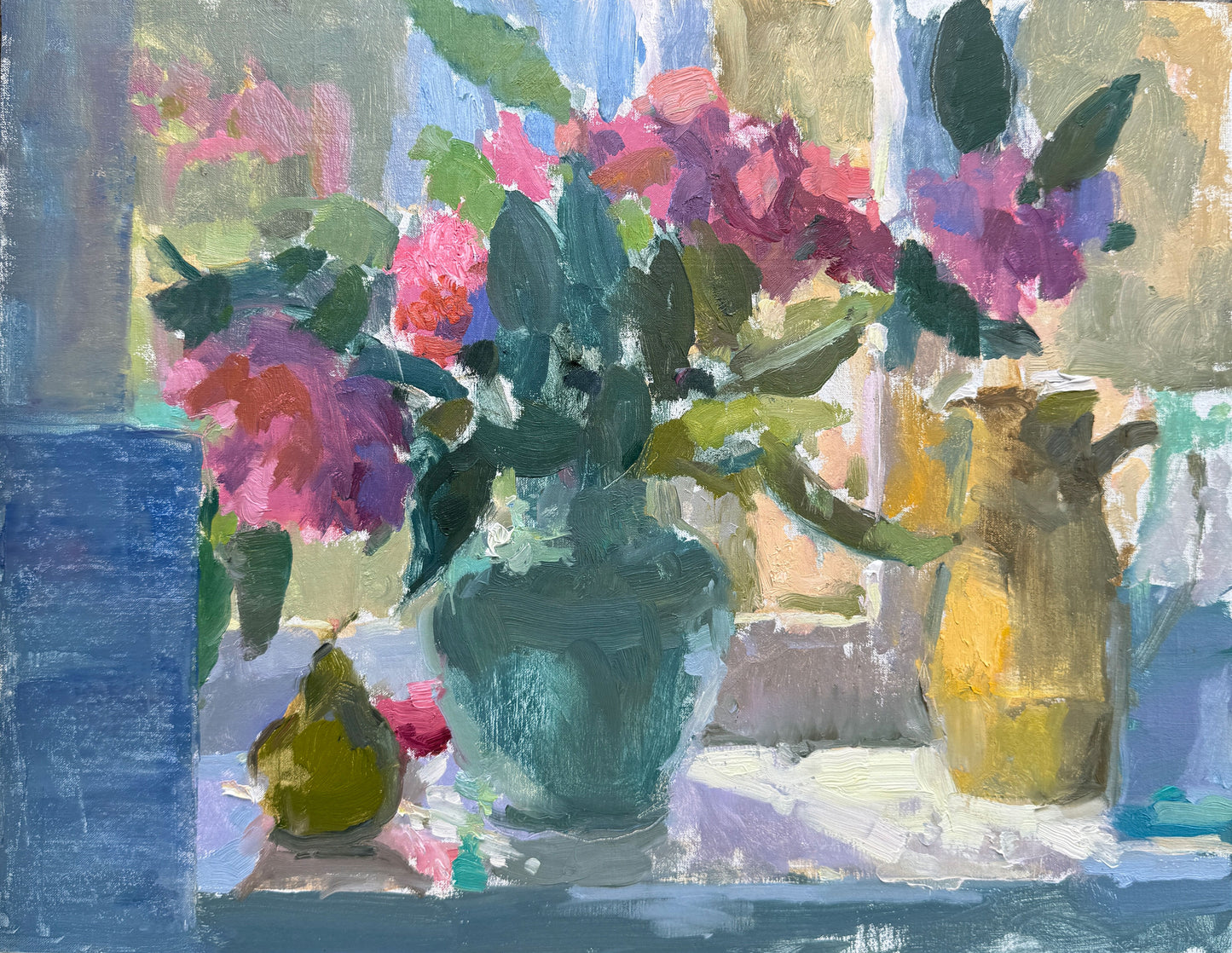 An oil painting of pink camelias in a turquoise jug and a pear on a window sill in morning light, painted on linen panel in an impressionist style by Sarah Manolescue ROI