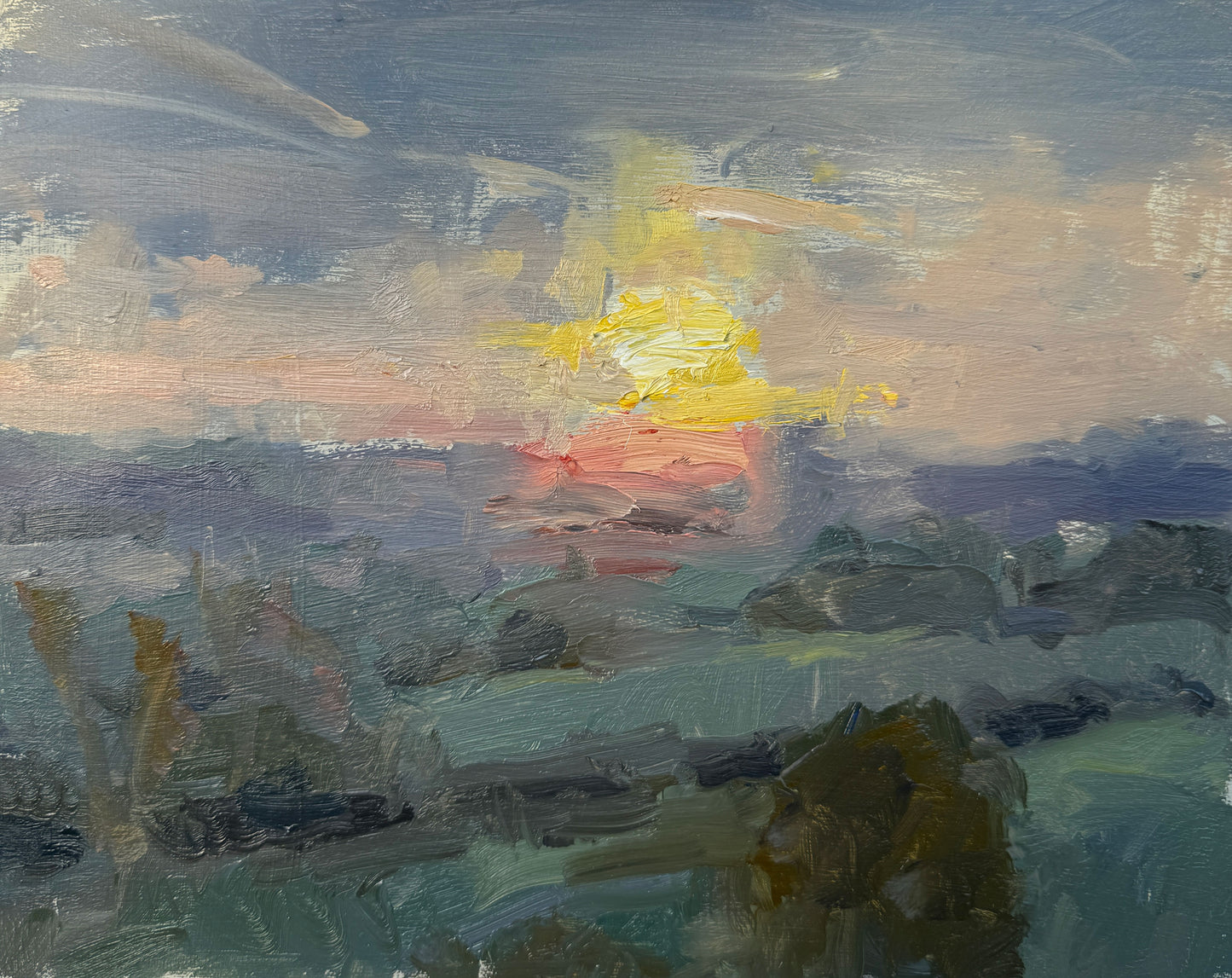 An oil painting of a winter sunset over the South Downs in West Sussex, painted en plein air by Sarah Manolescue ROI