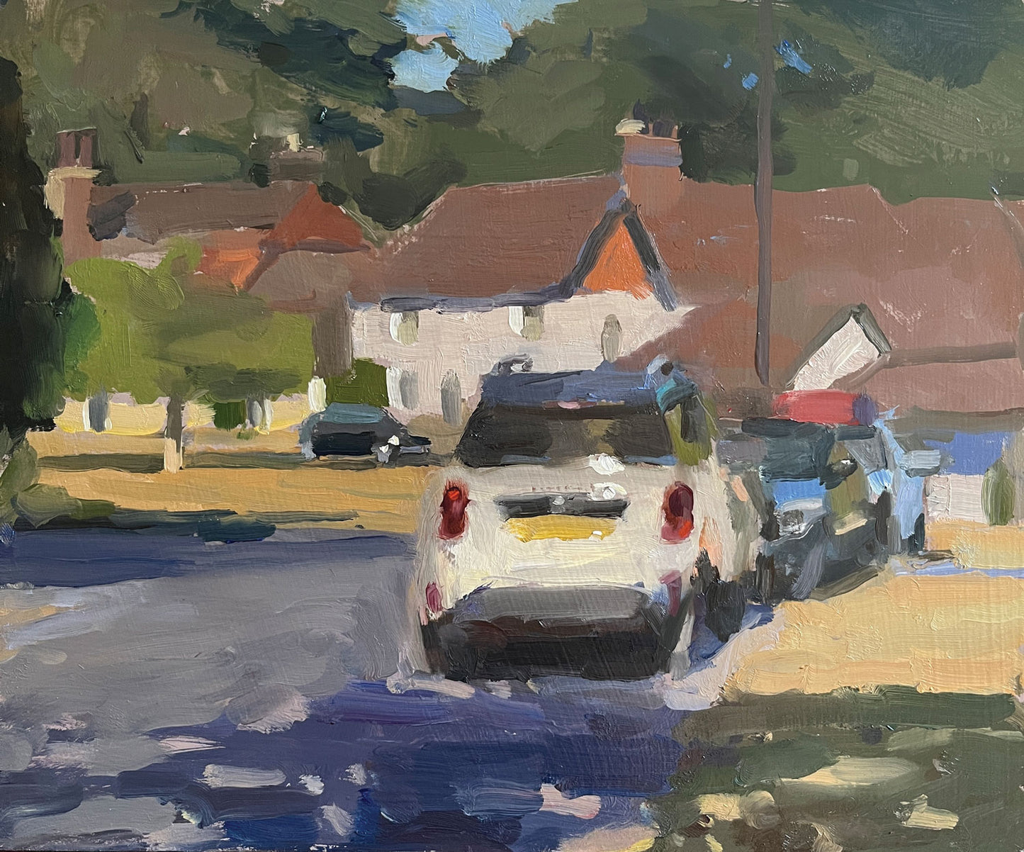 Parked cars and scorched grass