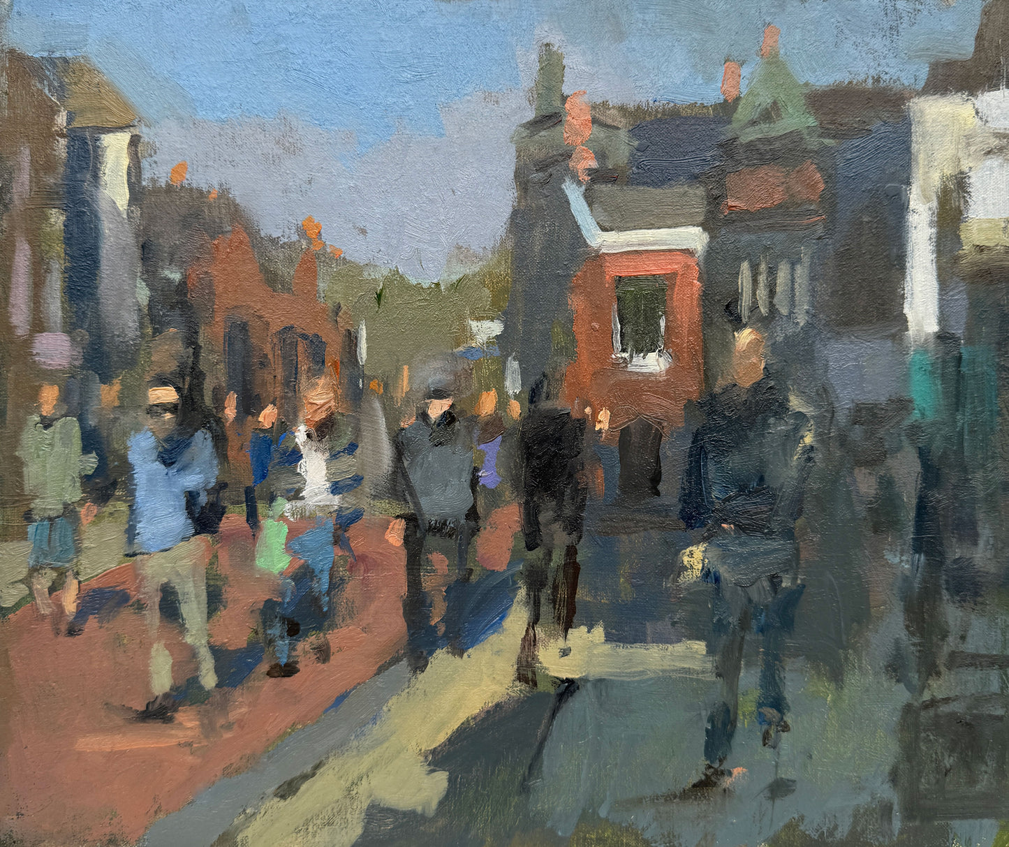 A painting depicting a street scene with people walking, buildings in the background, rendered in an impressionistic style with predominately muted colors.