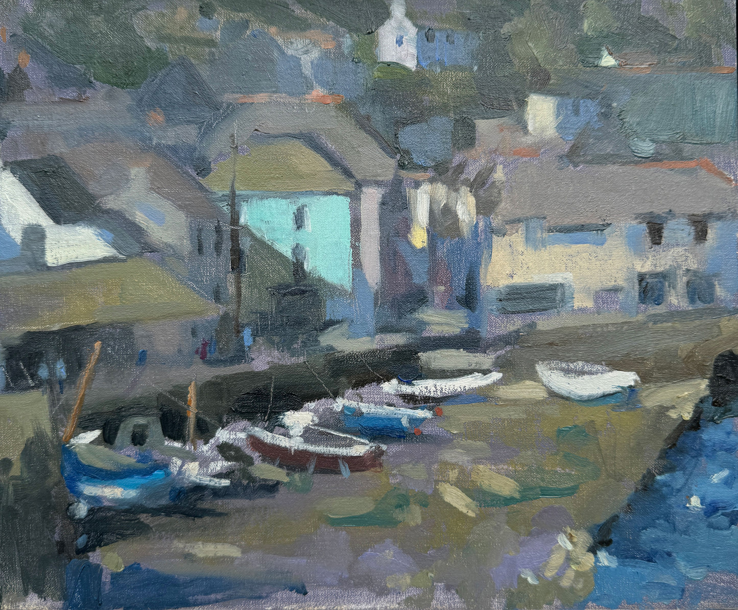 An oil painting of Polperro Harbour in Cornwall with boats and houses, painted en plein air by Sarah Manolescue ROI