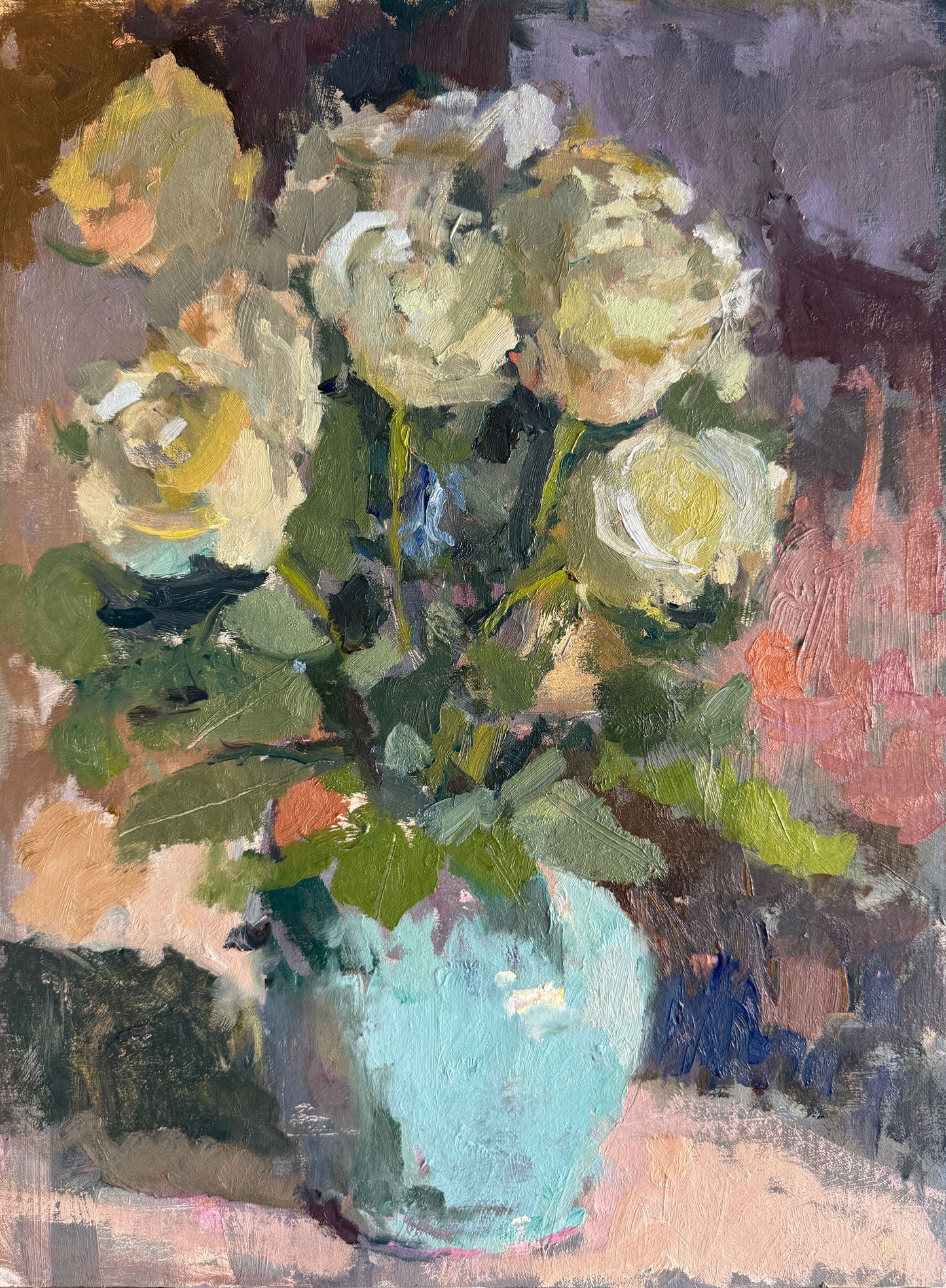 An oil painting of cream roses in a turquoise jug with an abstract background. Painted by Sarah Manolescue ROI