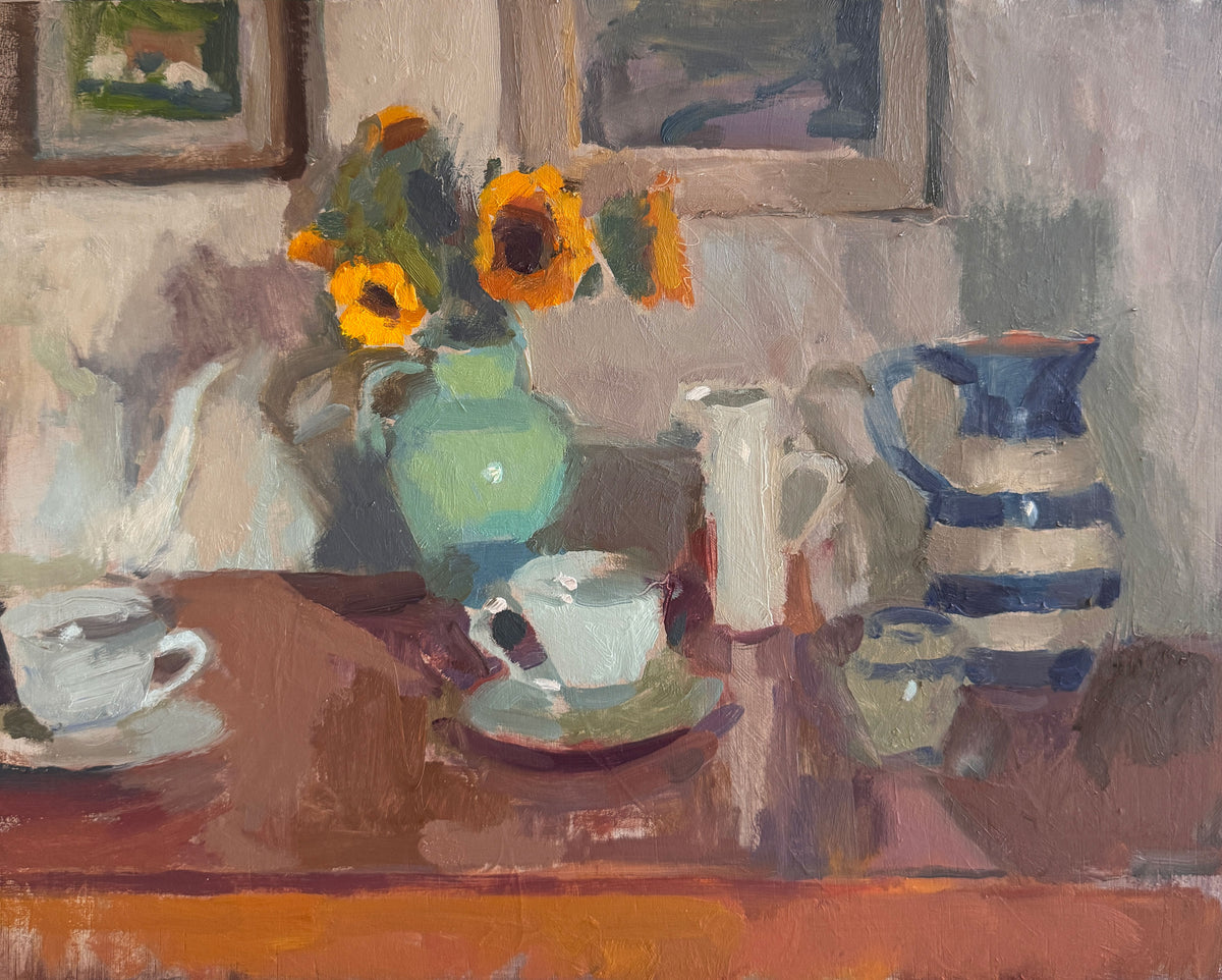 Cups, saucers, sunflowers