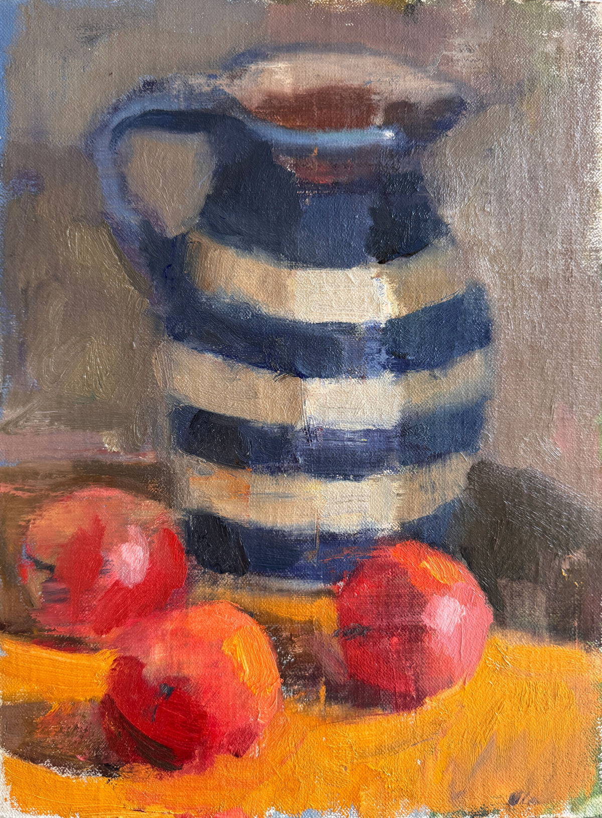 Three apples, stripey jug